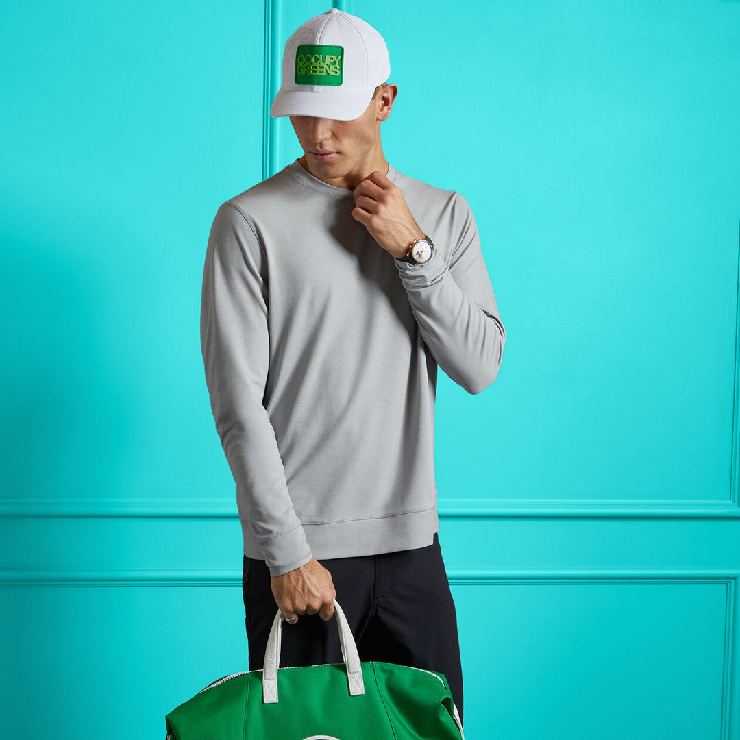 G/FORE MENS PERFORMANCE PIQUÉ CREWNECK LAYER - LIGHT HEATHER GREY
