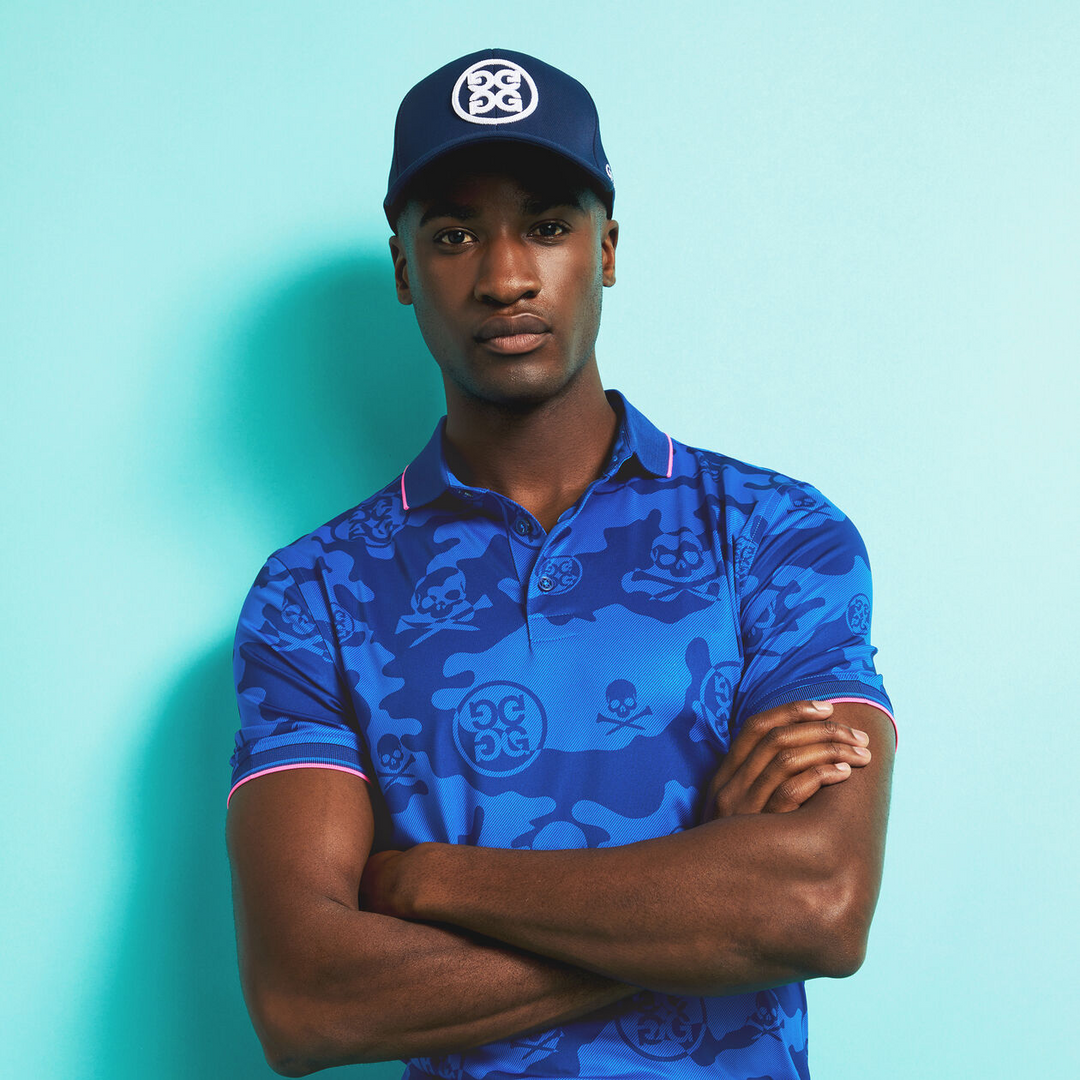 G/FORE MEN'S EXPLODED CAMO TECH JERSEY MODERN SPREAD COLLAR BANDED SLEEVE POLO - SPACE