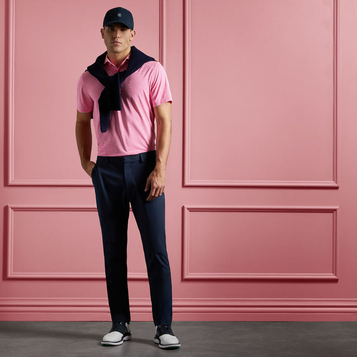 G/FORE MENS FEEDER STRIPE TECH PIQUÉ MODERN SPREAD COLLAR POLO - KNOCKOUT PINK