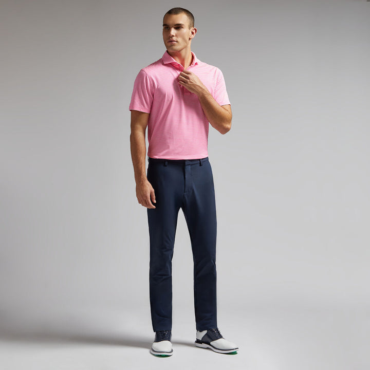 G/FORE MENS FEEDER STRIPE TECH PIQUÉ MODERN SPREAD COLLAR POLO - KNOCKOUT PINK
