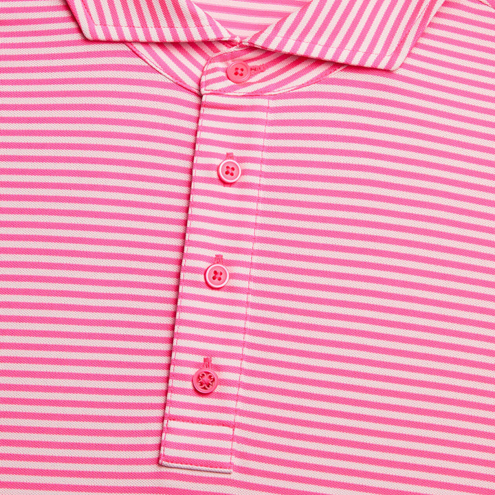 G/FORE MENS FEEDER STRIPE TECH PIQUÉ MODERN SPREAD COLLAR POLO - KNOCKOUT PINK