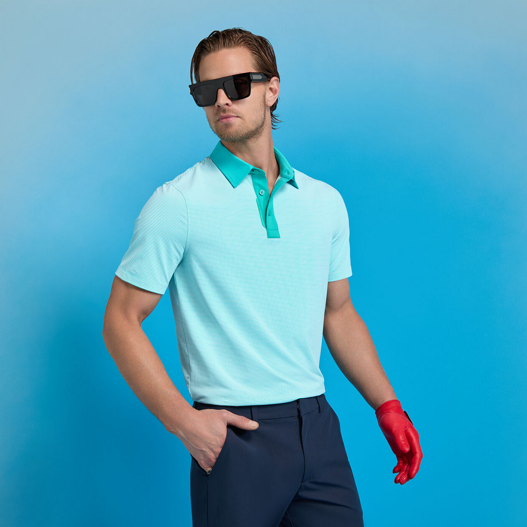 G/FORE MEN'S FEEDER STRIPE FINE TECH JERSEY POLO - SIREN
