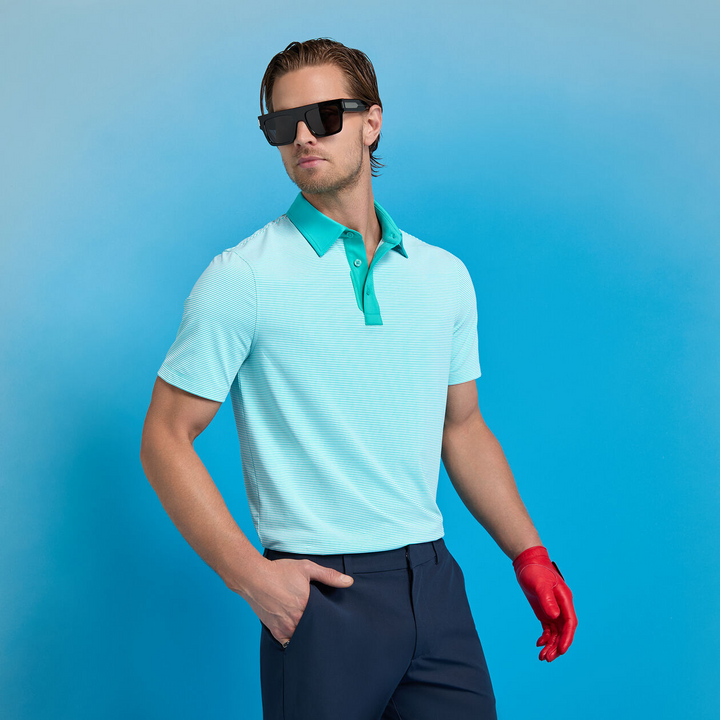G/FORE MEN'S FEEDER STRIPE FINE TECH JERSEY POLO - SIREN