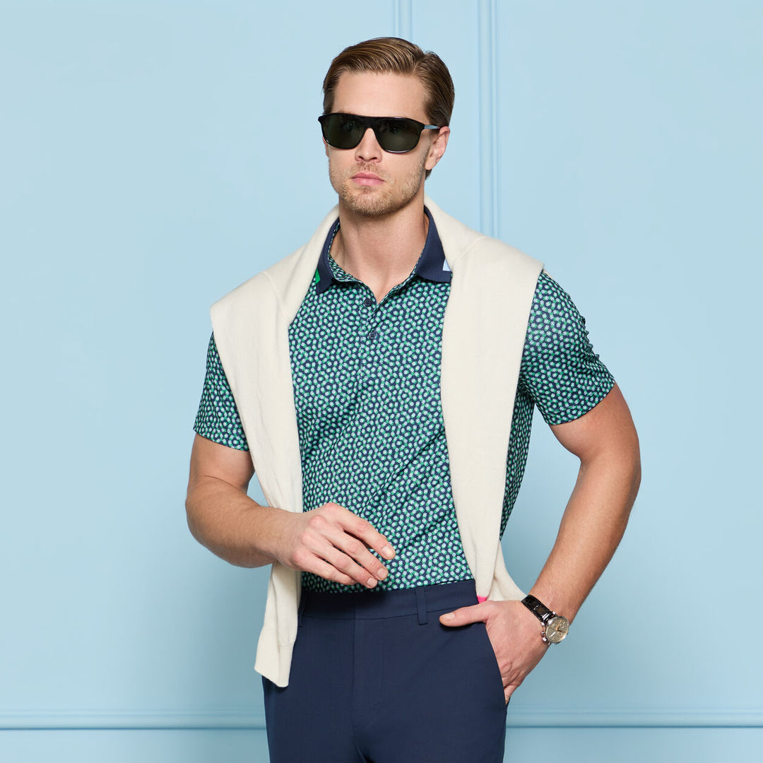 G/FORE MEN'S 3/G'S TECH JERSEY POLO - TWILIGHT / CLOVER
