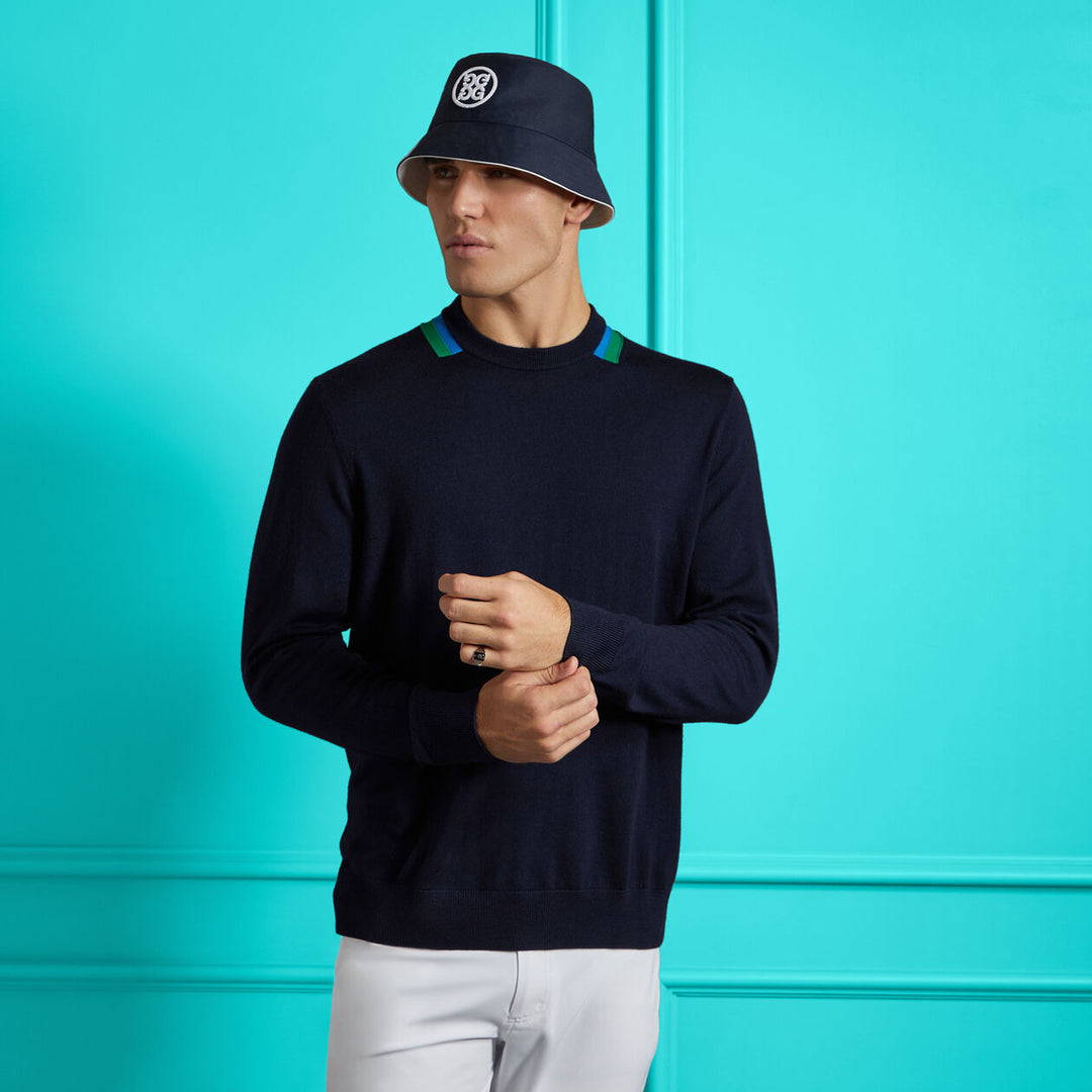 G/FORE MENS COLOURBLOCK INTARSIA CREWNECK MERINO WOOL SWEATER - TWILIGHT