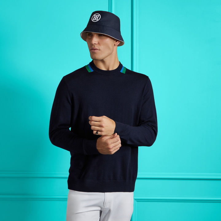 G/FORE MENS COLOURBLOCK INTARSIA CREWNECK MERINO WOOL SWEATER - TWILIGHT