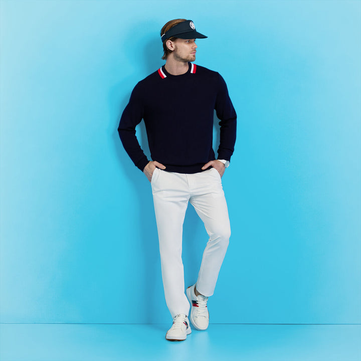 G/FORE MENS COLOUR BLOCK MERINO WOOL SWEATER - TWILIGHT / LAVA