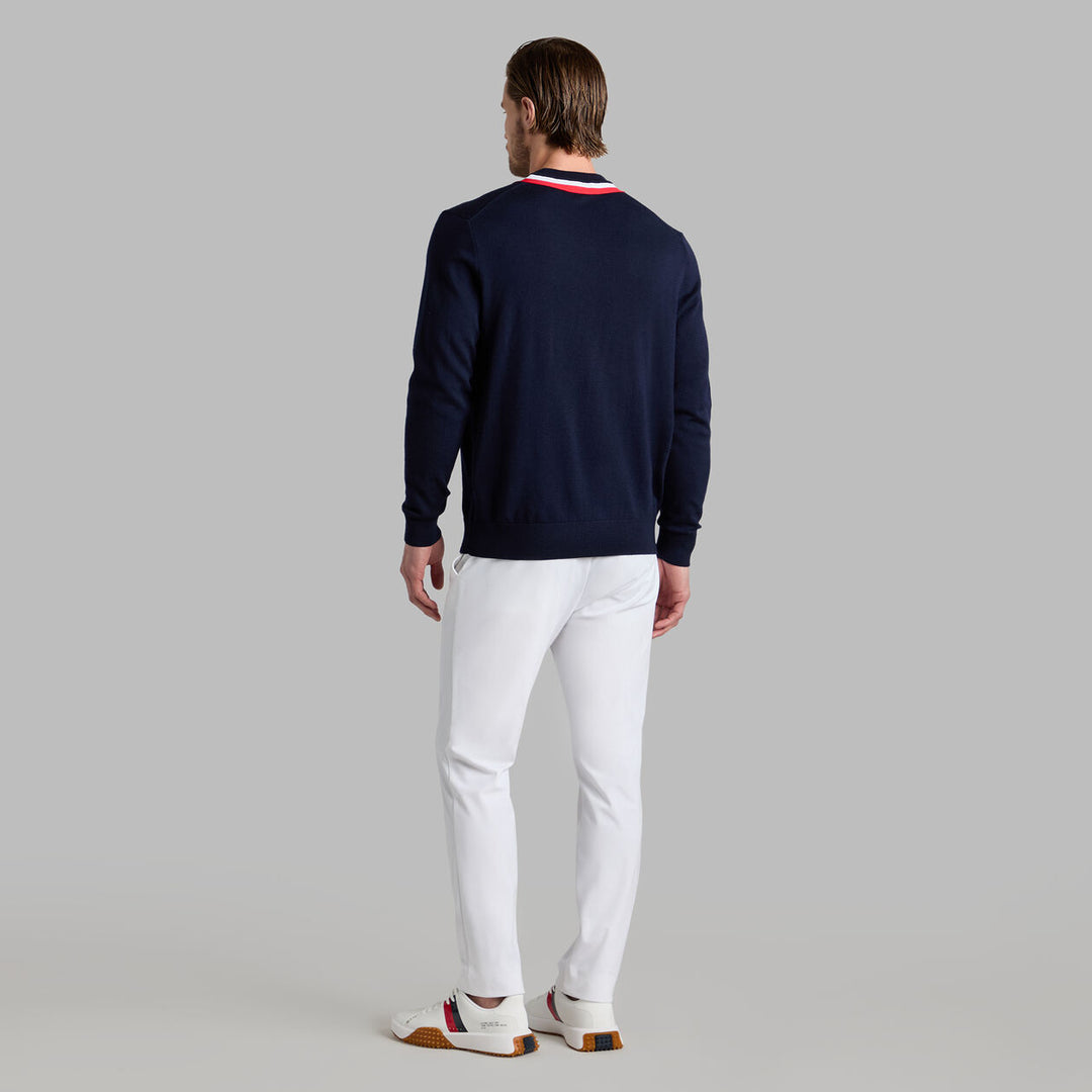 G/FORE MENS COLOUR BLOCK MERINO WOOL SWEATER - TWILIGHT / LAVA
