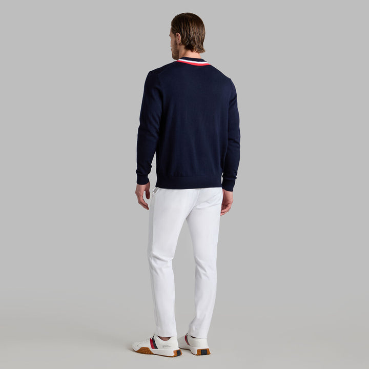 G/FORE MENS COLOUR BLOCK MERINO WOOL SWEATER - TWILIGHT / LAVA