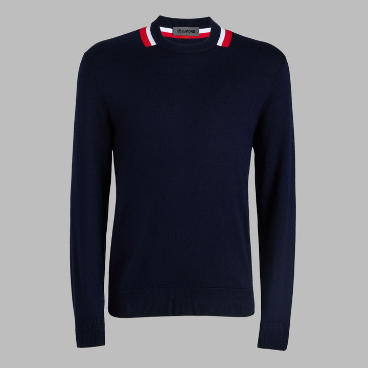 G/FORE MENS COLOUR BLOCK MERINO WOOL SWEATER - TWILIGHT / LAVA