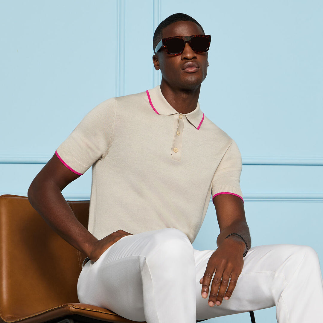 G/FORE MEN'S LTD RELEASE MERINO WOOL KNIT SWEATER POLO - PUMICE
