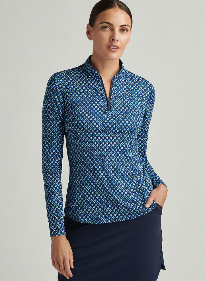 Peter Millar Womens Ocean Ikat Lightweight Zip Sun Shirt - Navy