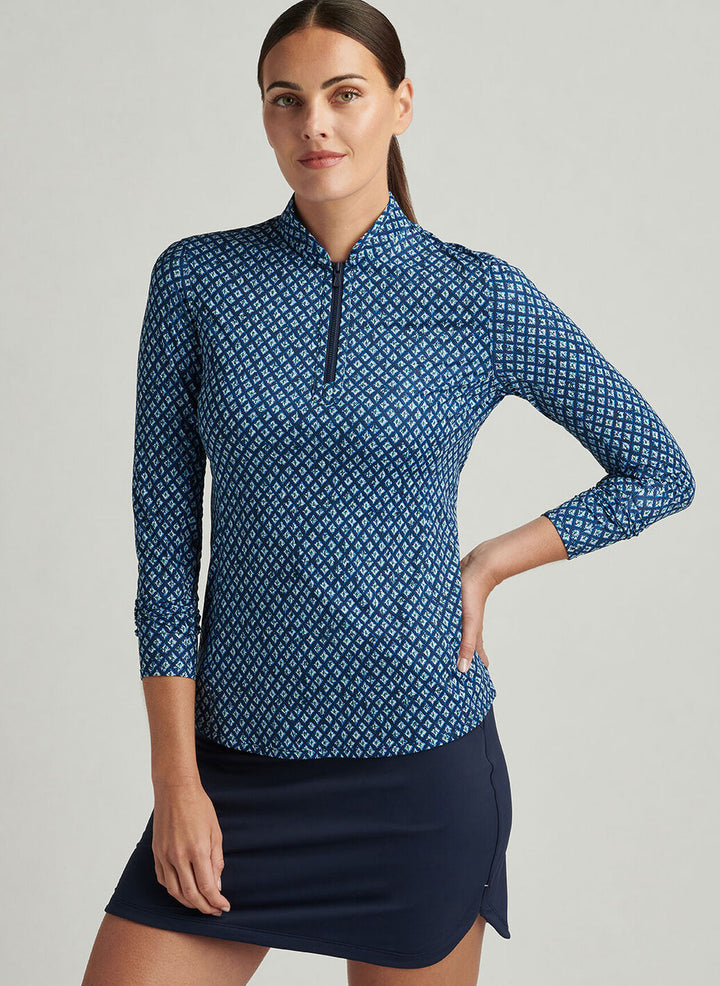 Peter Millar Womens Ocean Ikat Lightweight Zip Sun Shirt - Navy