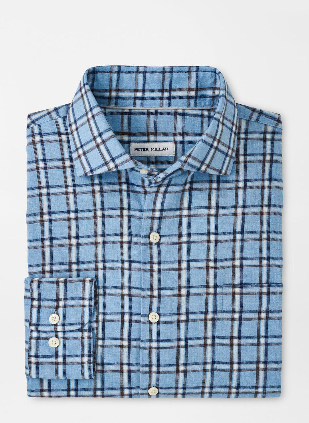 Peter Millar Mens Classic Fit Nelson Flannelite Cotton-Stretch Sport Shirt - COTTAGE BLUE