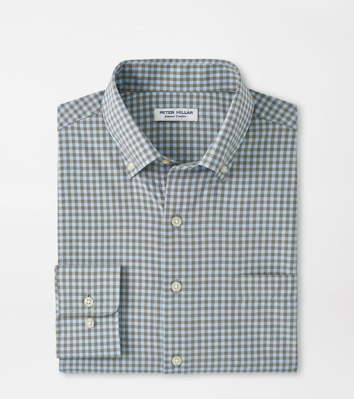 Peter Millar Mens Classic Fit Murray Performance Poplin Sport Shirt - DARK OLIVE