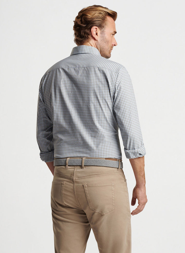 Peter Millar Mens Classic Fit Murray Performance Poplin Sport Shirt - DARK OLIVE