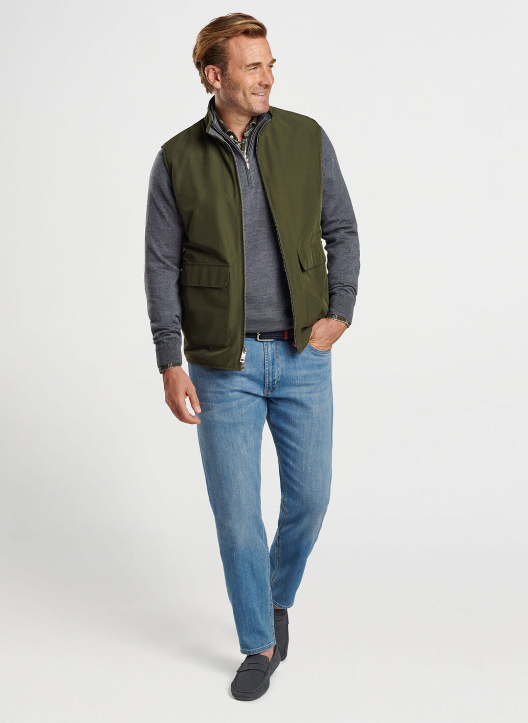 Peter Millar Mens Classic Fit Brentwood Reversible Fleece Vest - DARK OLIVE