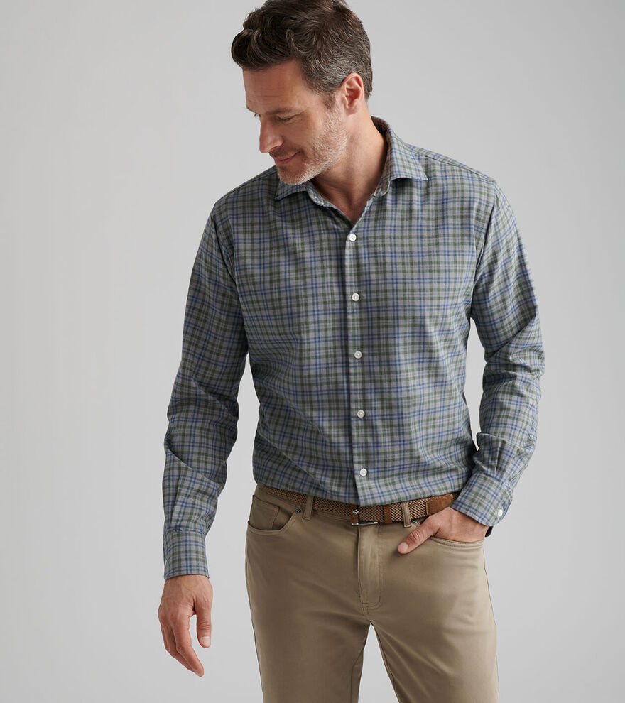 Peter Millar Men's Classic Fit Bar Harbor Performance Flannel Sport Shirt - BRITISH GREY