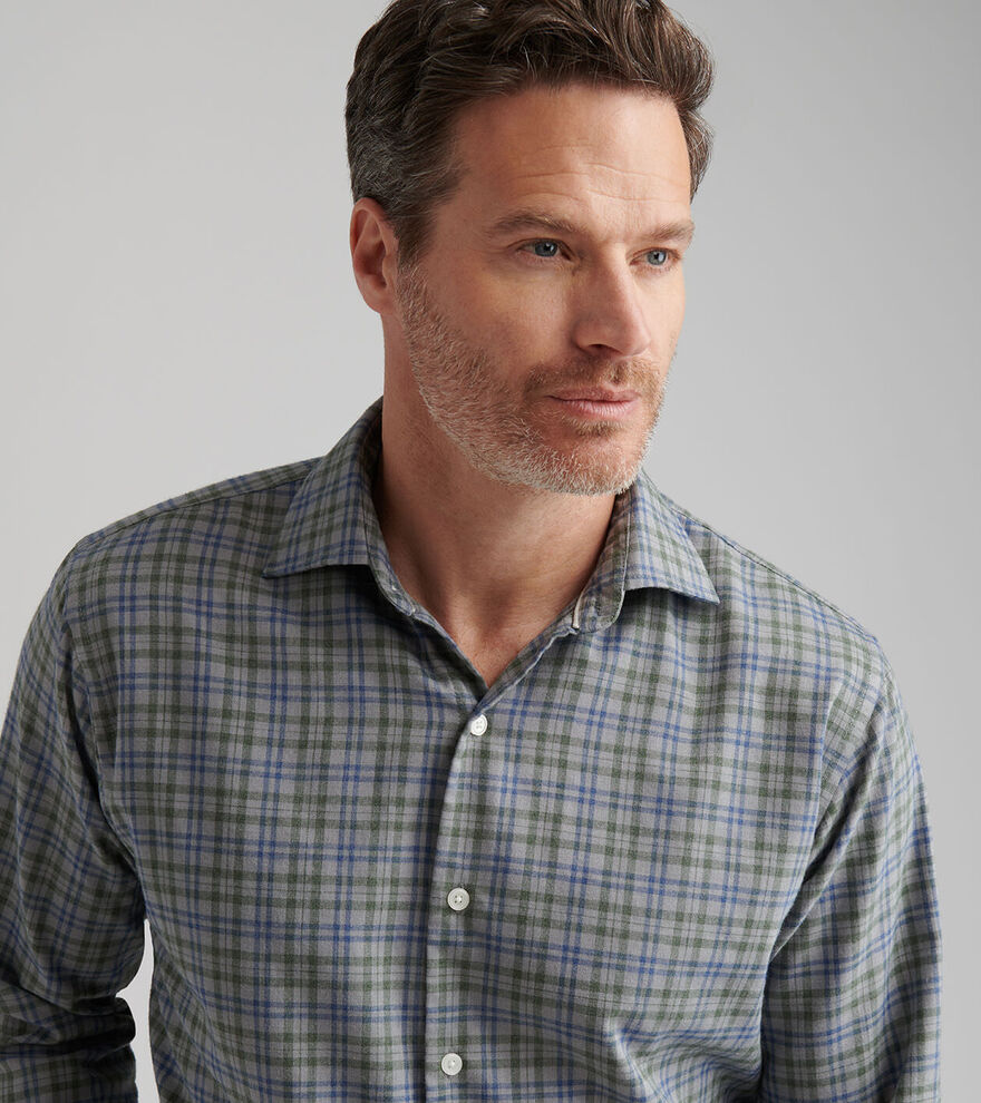 Peter Millar Men's Classic Fit Bar Harbor Performance Flannel Sport Shirt - BRITISH GREY