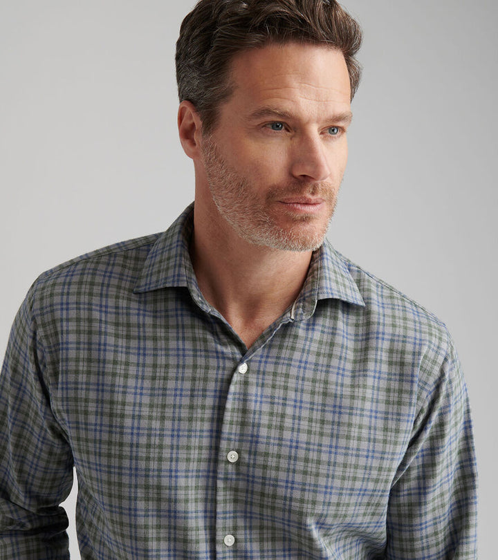Peter Millar Men's Classic Fit Bar Harbor Performance Flannel Sport Shirt - BRITISH GREY