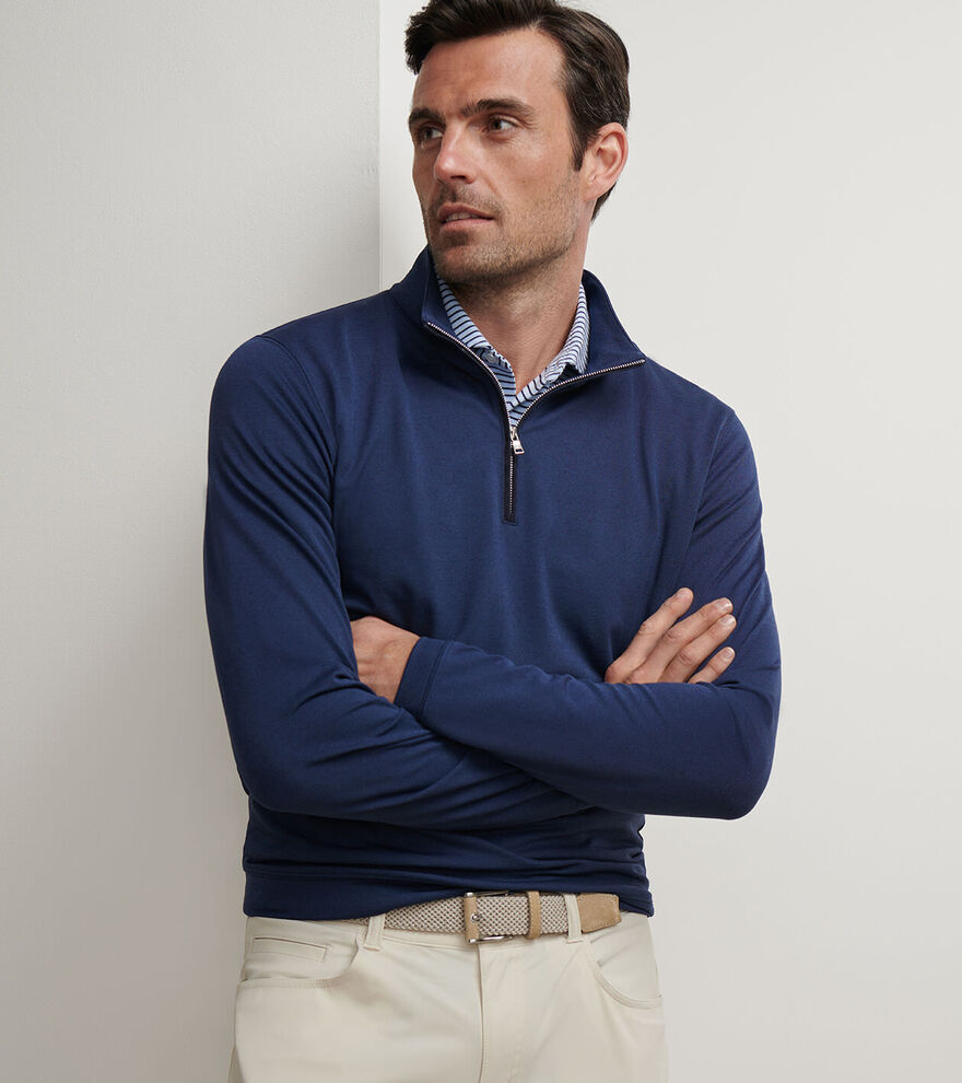 Peter Millar Men's Tailored Fit Albatross Cotton-Blend Piqué Quarter Zip - NAVY