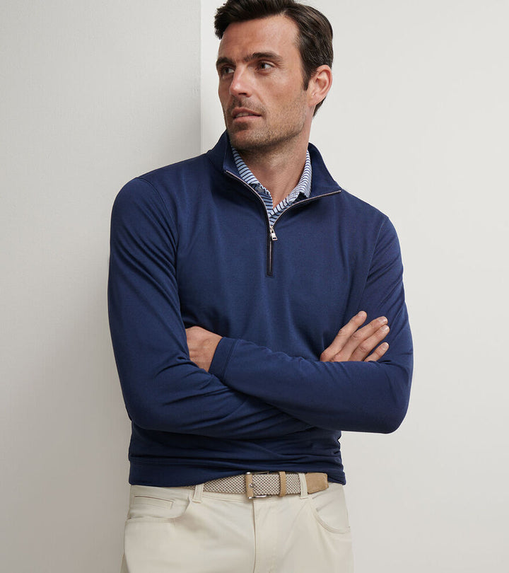 Peter Millar Men's Tailored Fit Albatross Cotton-Blend Piqué Quarter Zip - NAVY