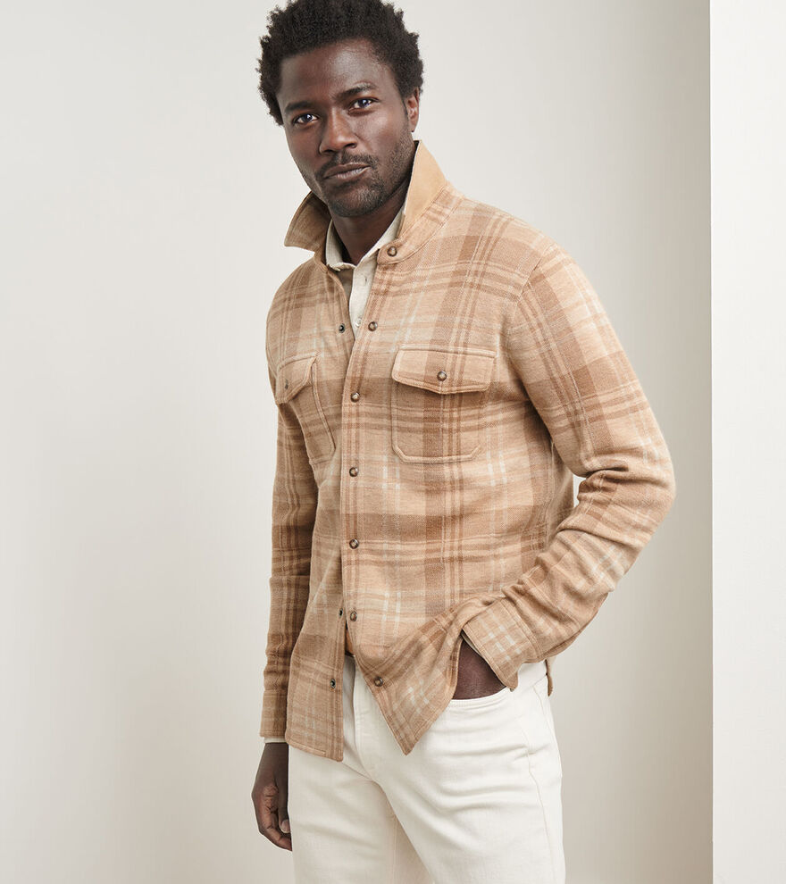 Peter Millar Men's Gordon Plaid Sweater Shirt Jacket - SOFT BROWN