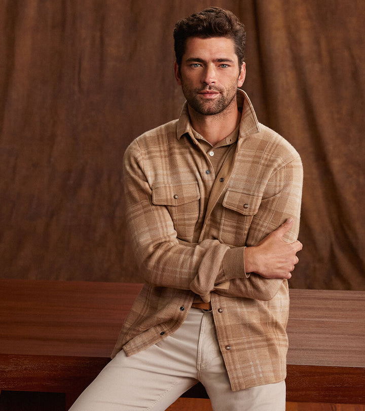 Peter Millar Men's Gordon Plaid Sweater Shirt Jacket - SOFT BROWN