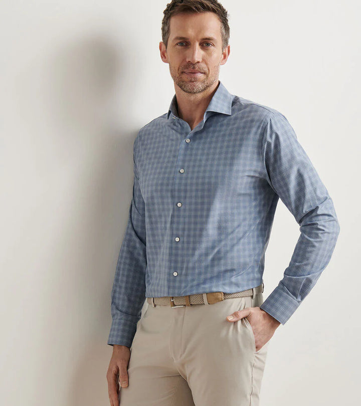 Peter Millar Men's Tailored Fit Reese Performance Poplin Sport Shirt - RAIN CLOUD