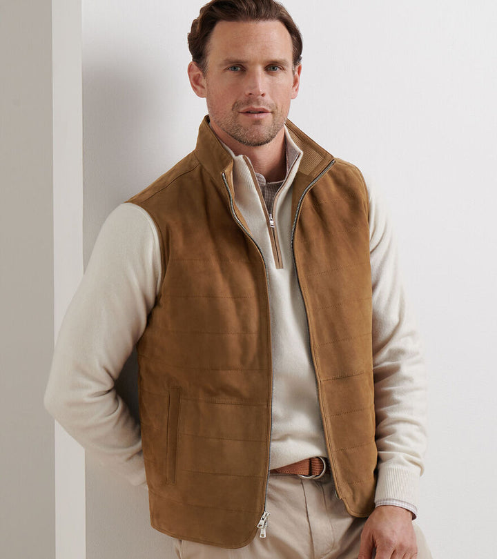Peter Millar Men's Tailored Fit Featherweight Suede Vest - WALNUT