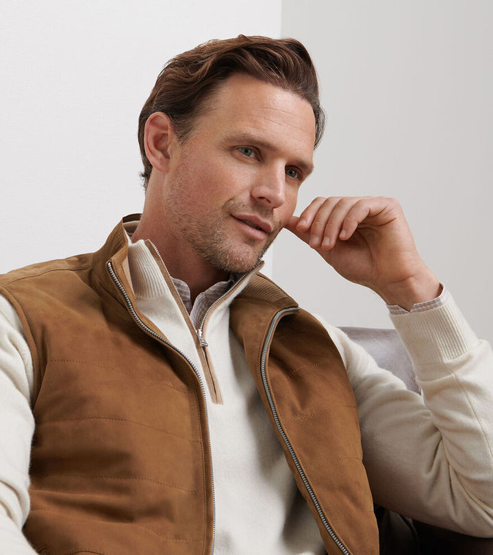 Peter Millar Men's Tailored Fit Featherweight Suede Vest - WALNUT