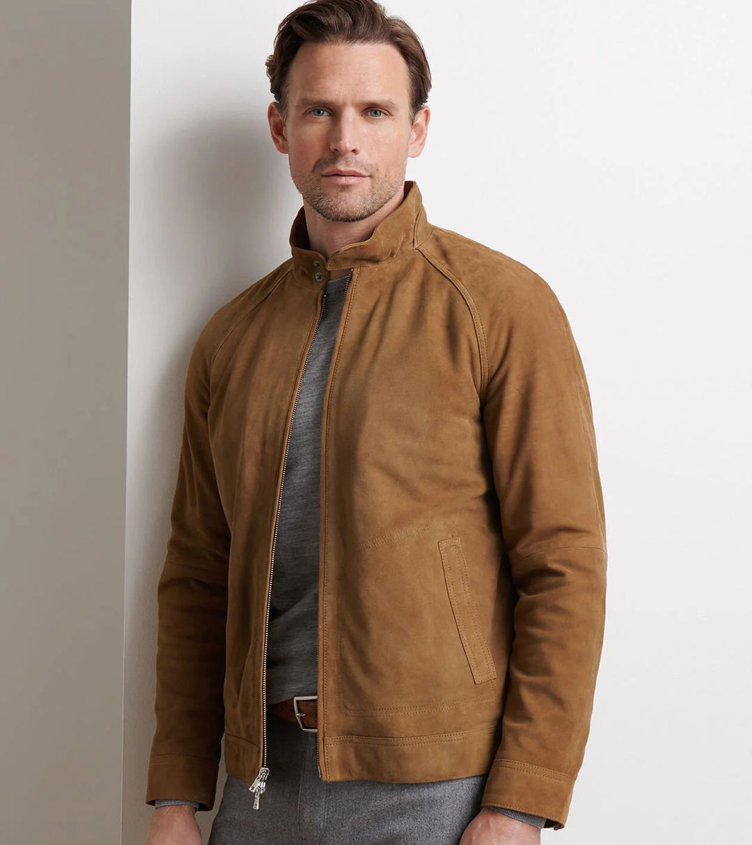 Peter Millar Men's Tailored Fit Soho Suede Bomber - SADDLE
