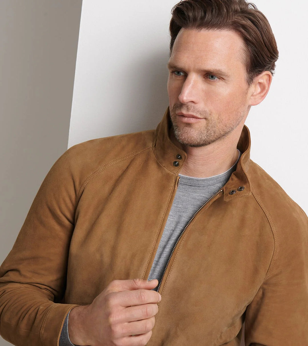 Peter Millar Men's Tailored Fit Soho Suede Bomber - SADDLE