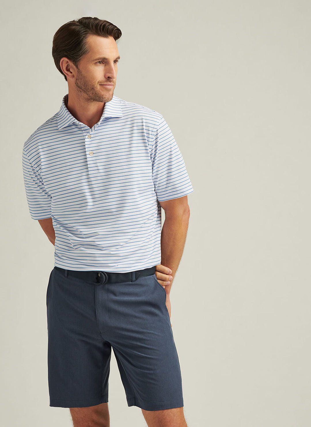 Peter Millar Mens Classic Fit Dunnes Performance Jersey Polo - White Cottage Blue