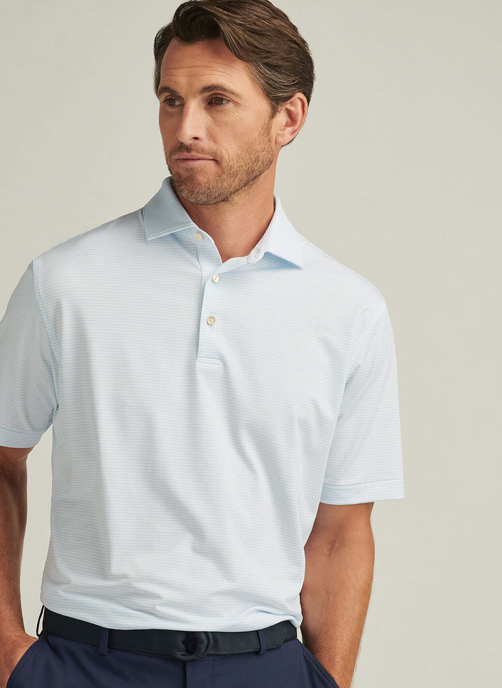 Peter Millar Mens Classic Fit Highlands Performance Jersey Polo - White Maya Blue