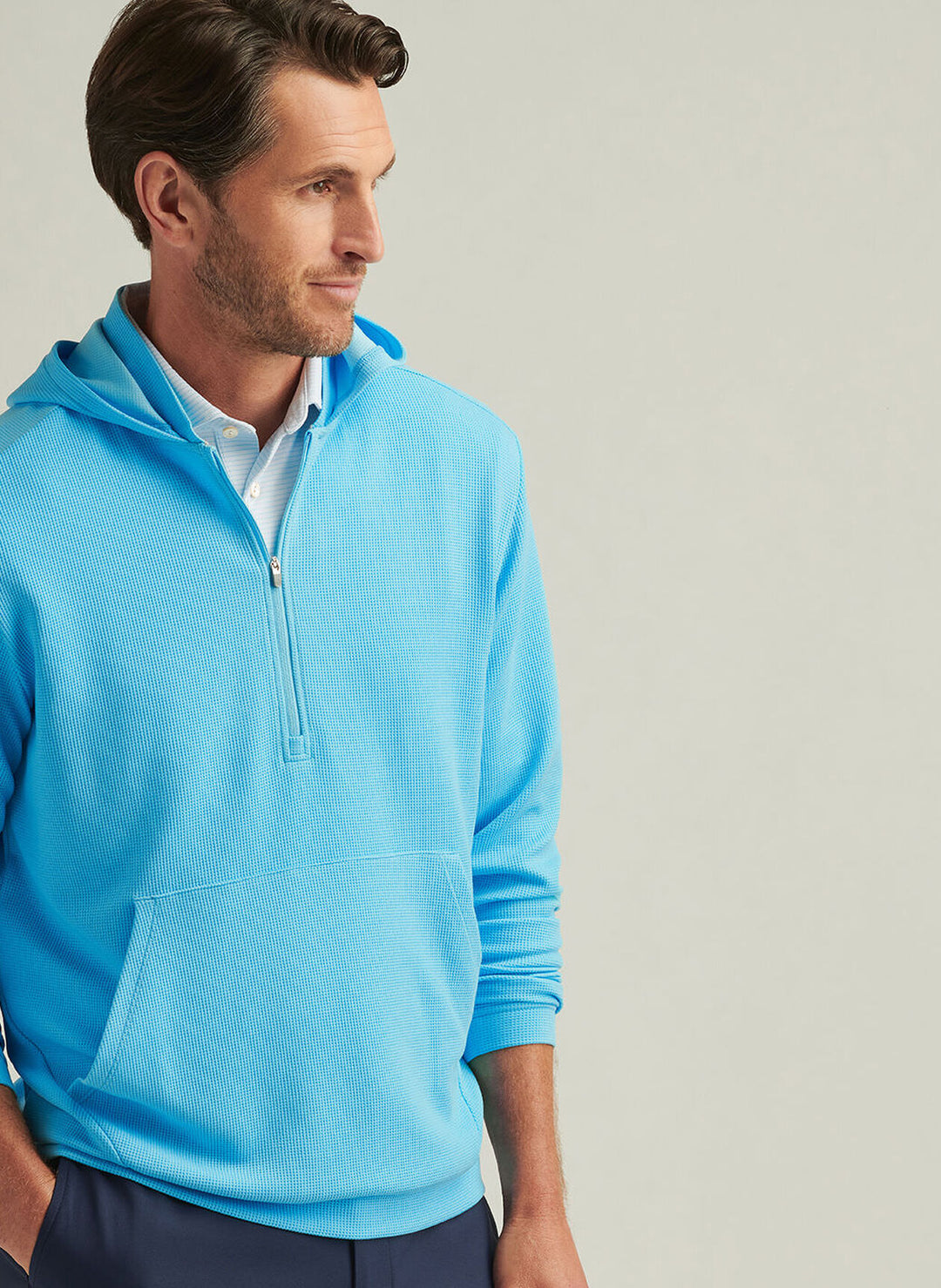 Peter Millar Mens Classic Fit Grid Performance Half-Zip Hoodie - Maya Blue