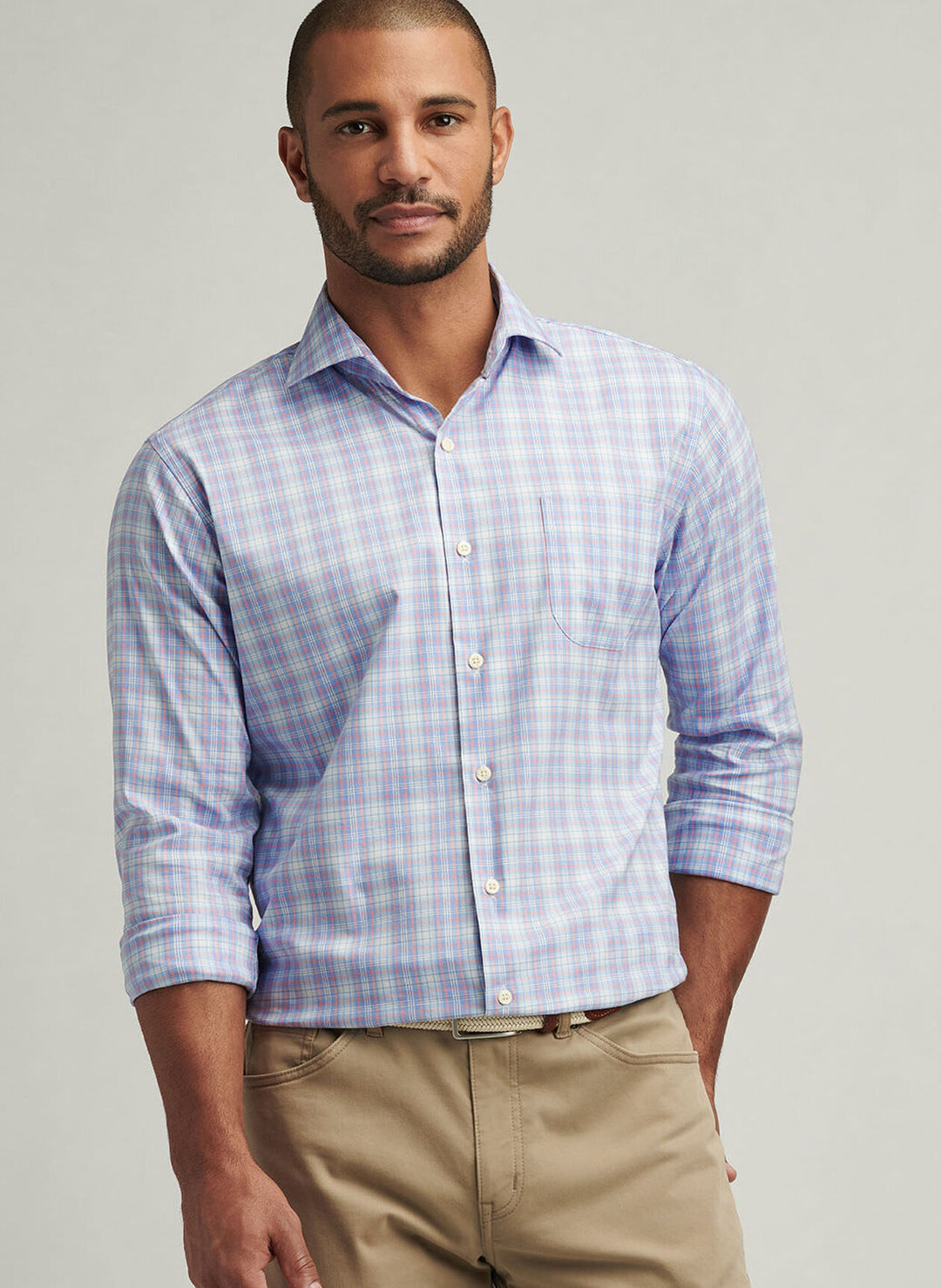 Peter Millar Mens Classic Fit Windermere Crown Lite Cotton-Stretch Sport Shirt - Blue Poppy