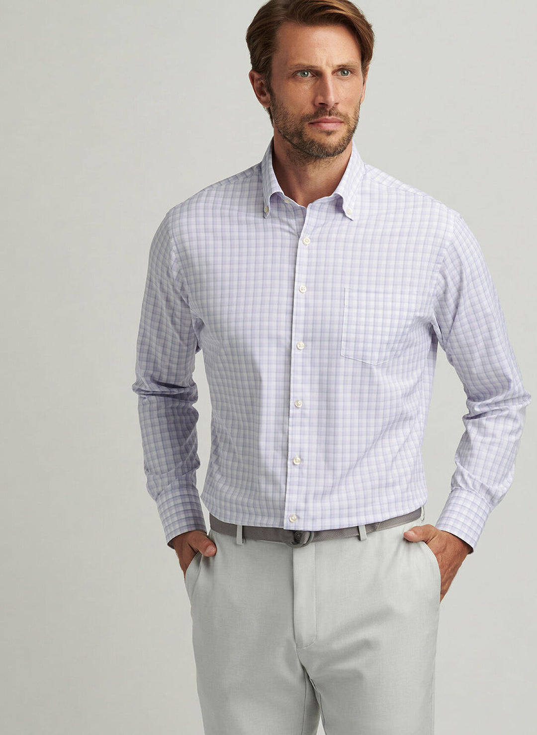 Peter Millar Mens Classic Fit Wissel Performance Twill Sport Shirt - Wildflower