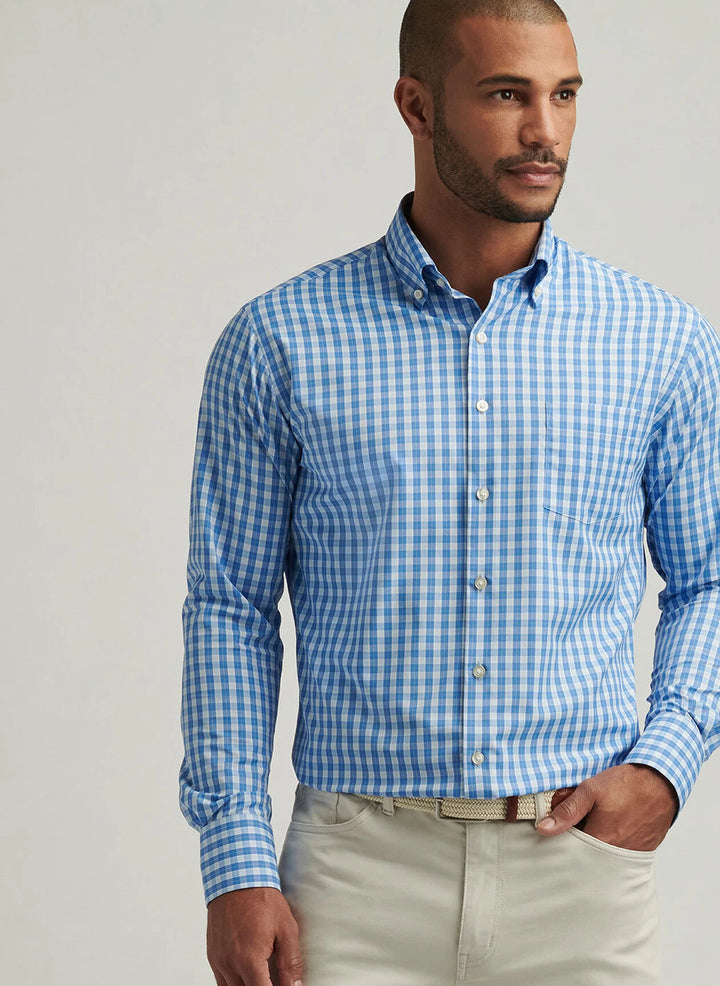 Peter Millar Mens Classic Fit Leven Performance Twill Sport Shirt - Blue Poppy