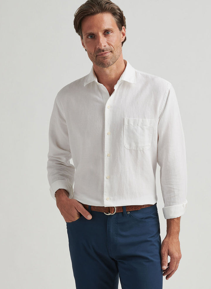 Peter Millar Mens Classic Fit Canal Linen Cotton Sport Shirt - White