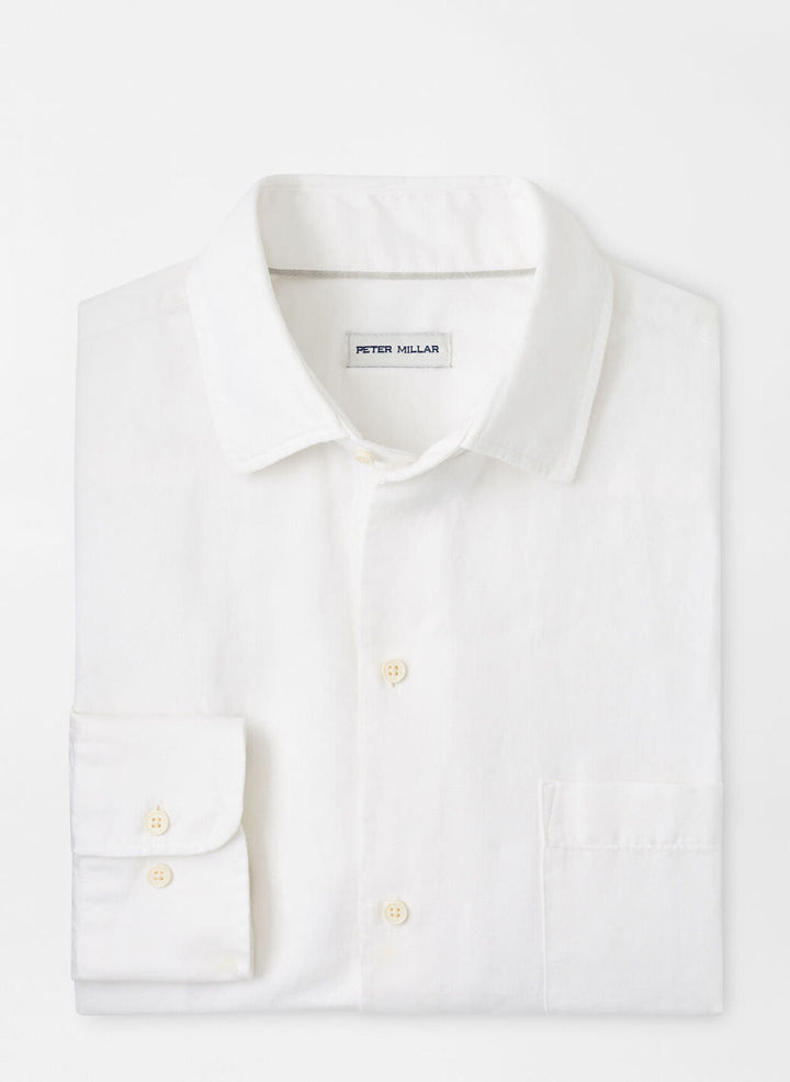 Peter Millar Mens Classic Fit Canal Linen Cotton Sport Shirt - White