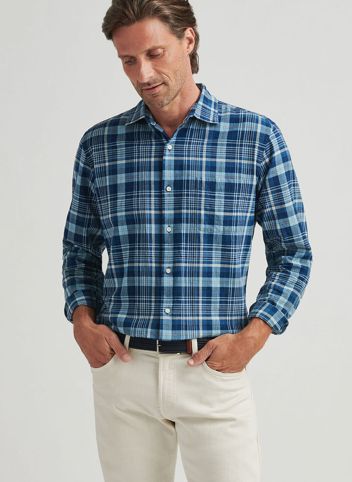Peter Millar Mens Classic Malawi Cotton Sport Shirt - Indigo