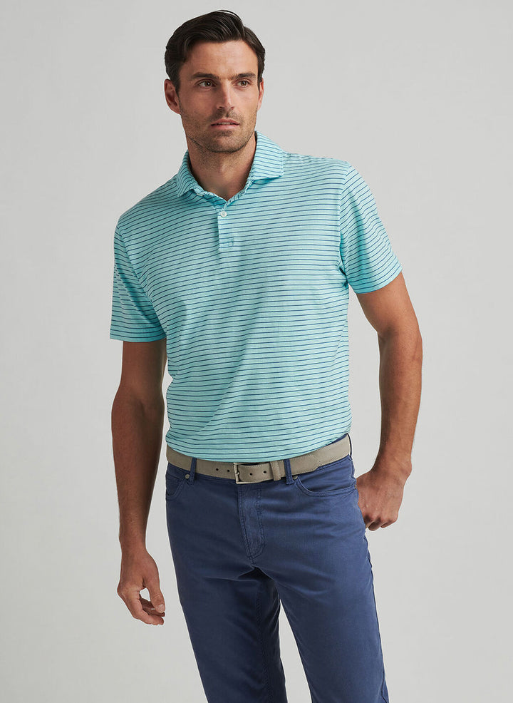 Peter Millar Mens Tailored Fit Journeyman Stripe Short-Sleeve Polo - Blue Spruce