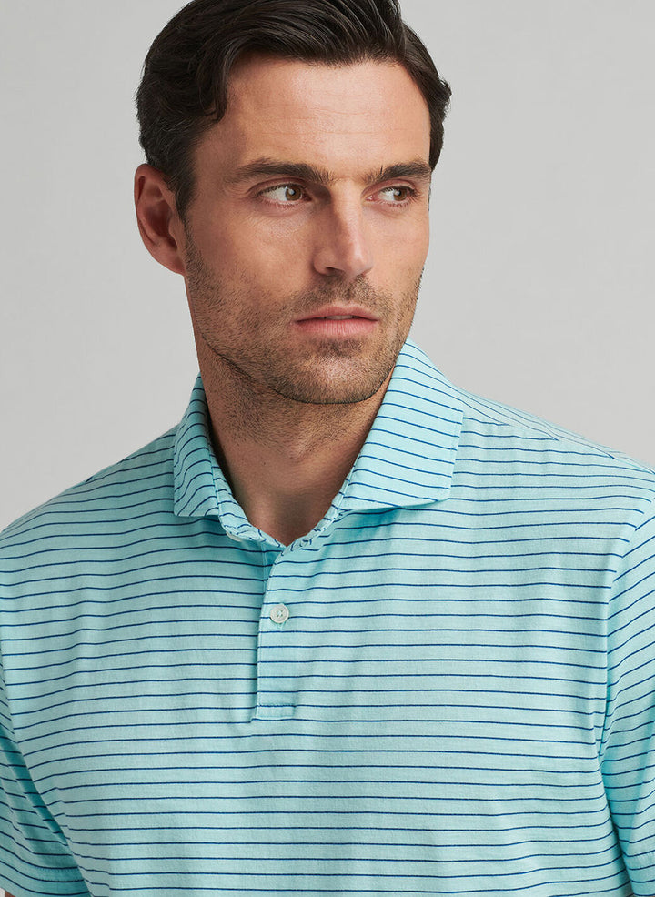 Peter Millar Mens Tailored Fit Journeyman Stripe Short-Sleeve Polo - Blue Spruce