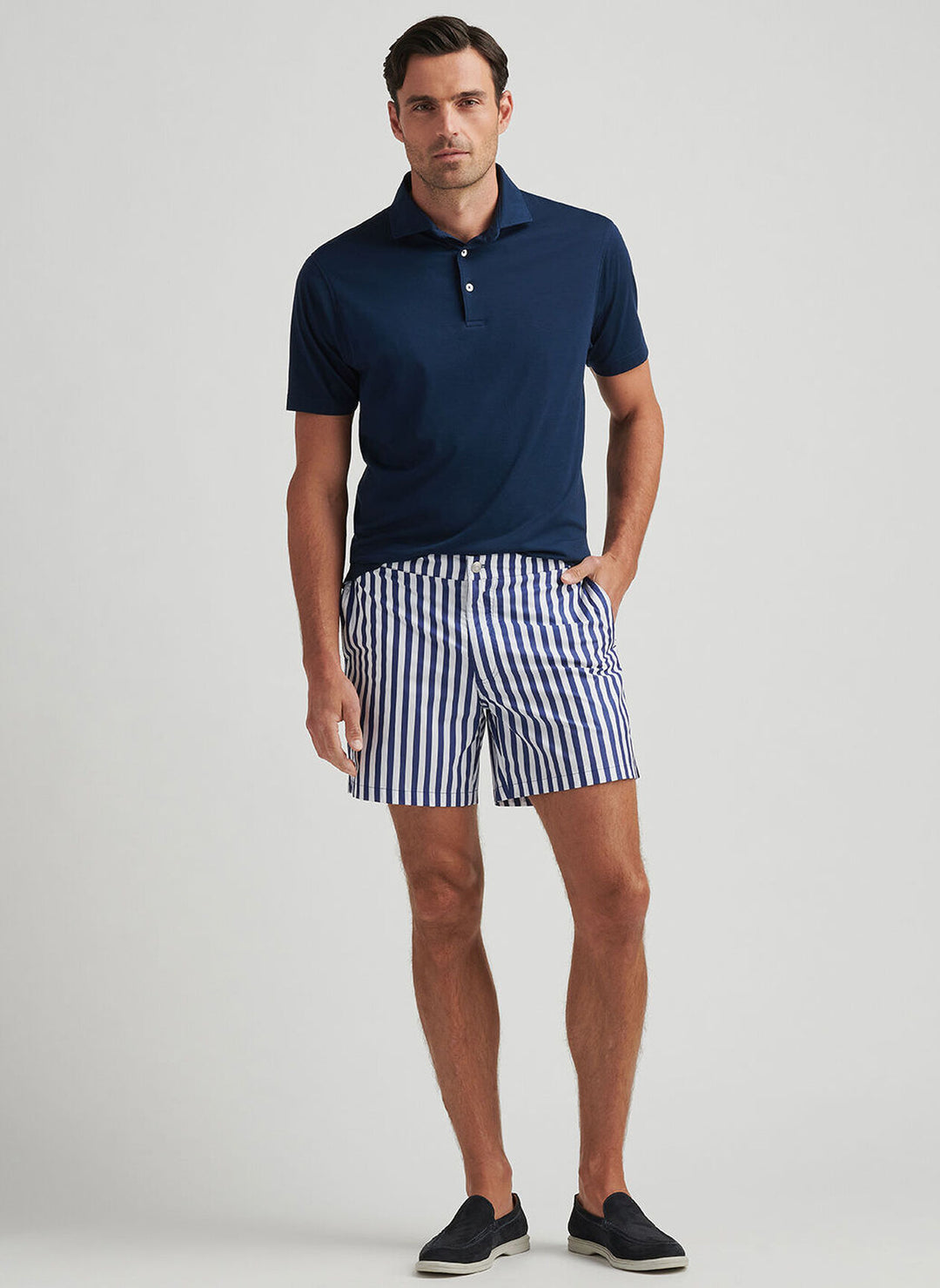 Peter Millar Mens Tailored Fit Awning Stripe Swim Trunk - Ocean Blus