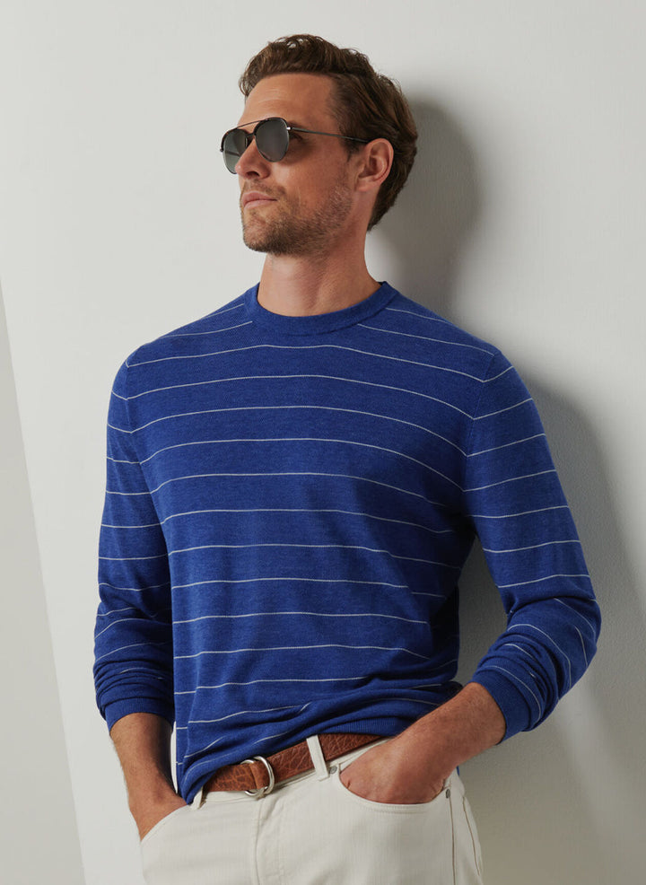 Peter Millar Mens Tailored Fit Hastings Stripe Crew Sweater - Ocean Blue