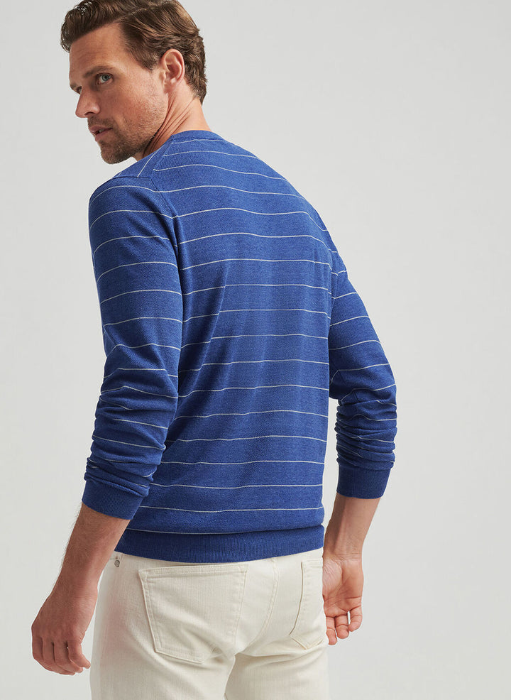Peter Millar Mens Tailored Fit Hastings Stripe Crew Sweater - Ocean Blue