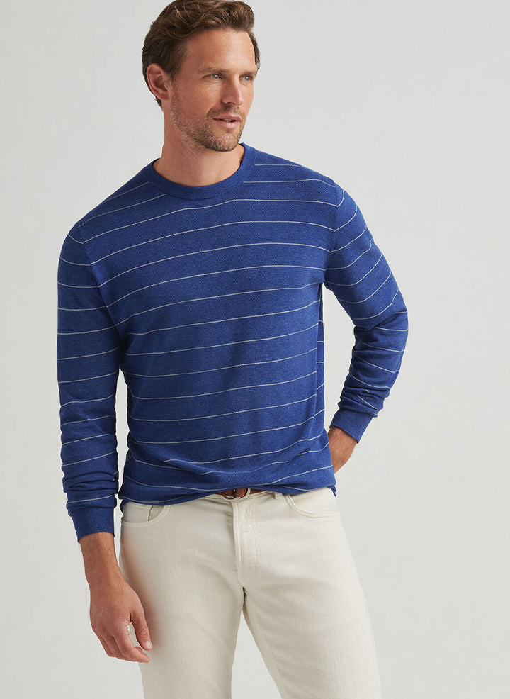 Peter Millar Mens Tailored Fit Hastings Stripe Crew Sweater - Ocean Blue