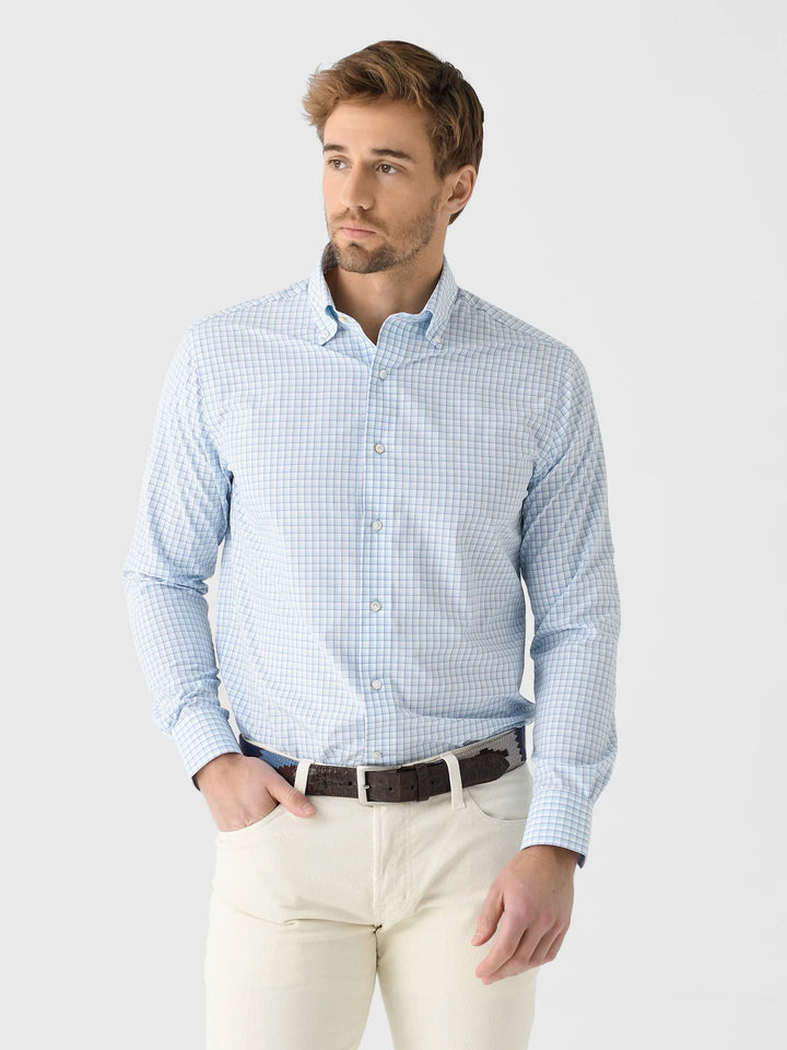 Peter Millar Men's Tailored Fit Parker Performance Poplin Sport Shirt - BLUE SPRUCE