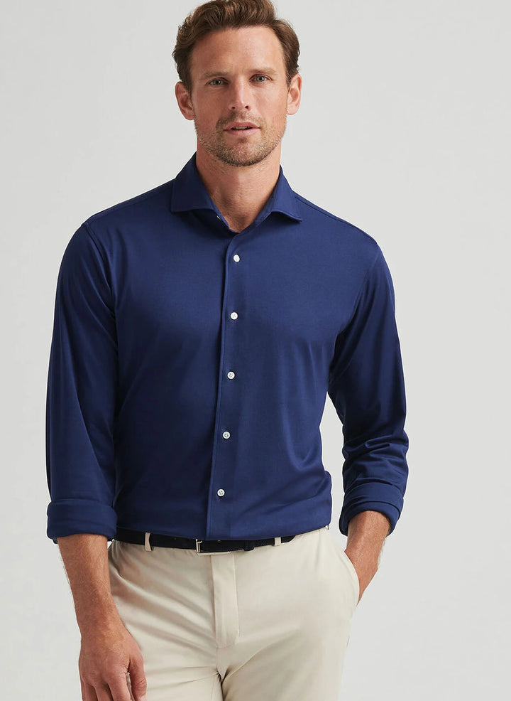Peter Millar Mens Tailored Fit Excursionist Flex Solid Sport Shirt - Navy
